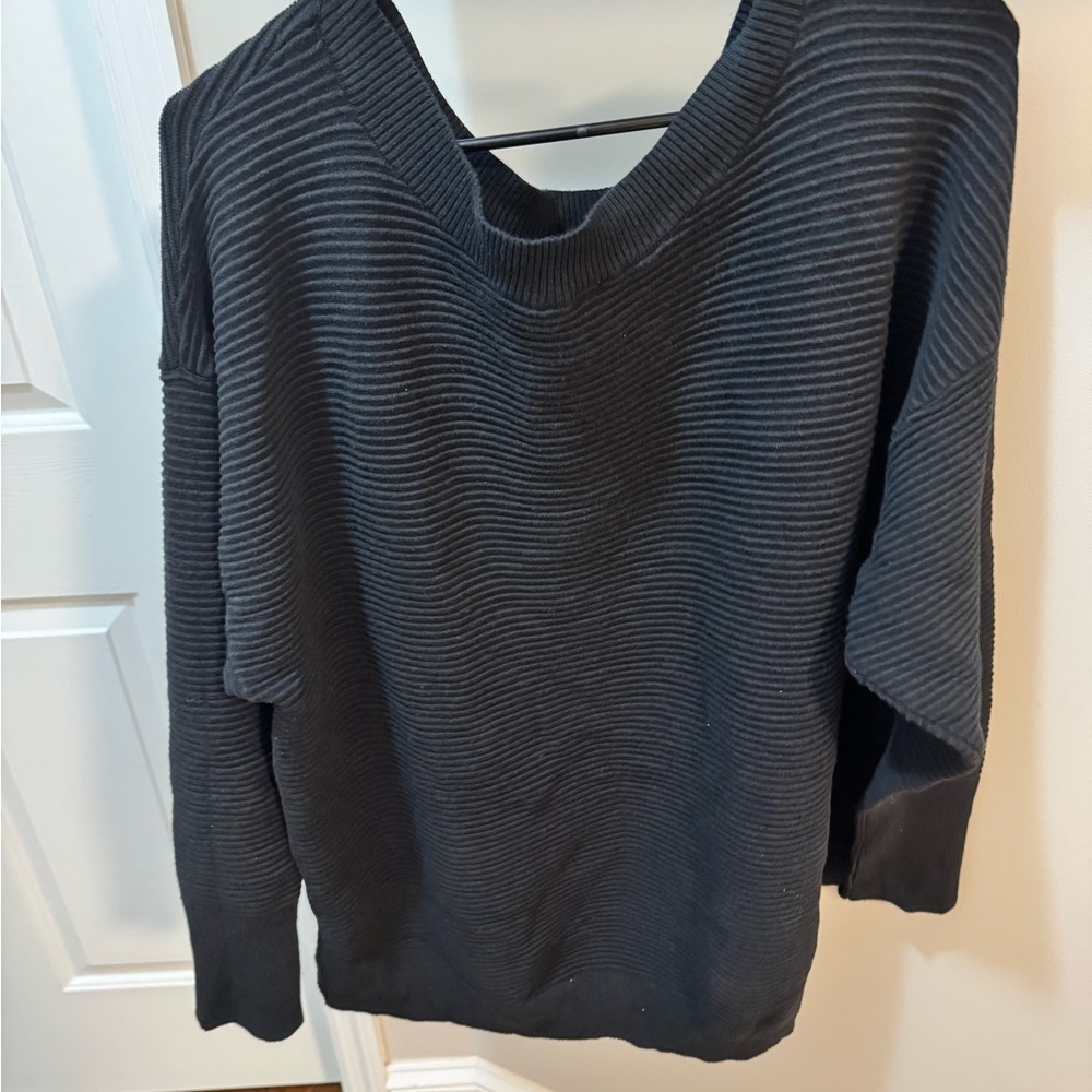Aerie Black Off-the-Shoulder Sweater with Ribbed Texture